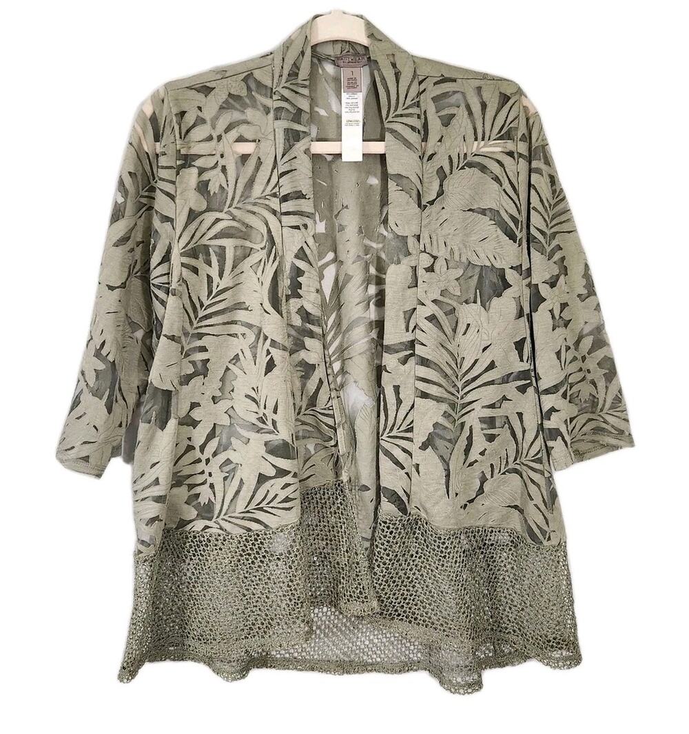 Chico’s Easy Wear Womens Sheer Open Front Cardigan Duster Green Sz 1 M Tropical